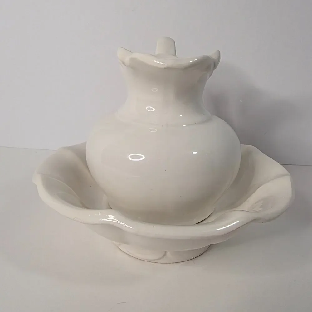 Vintage McCoy USA White Pottery cottagecore Pitcher Wash Basin Set Heart Handle